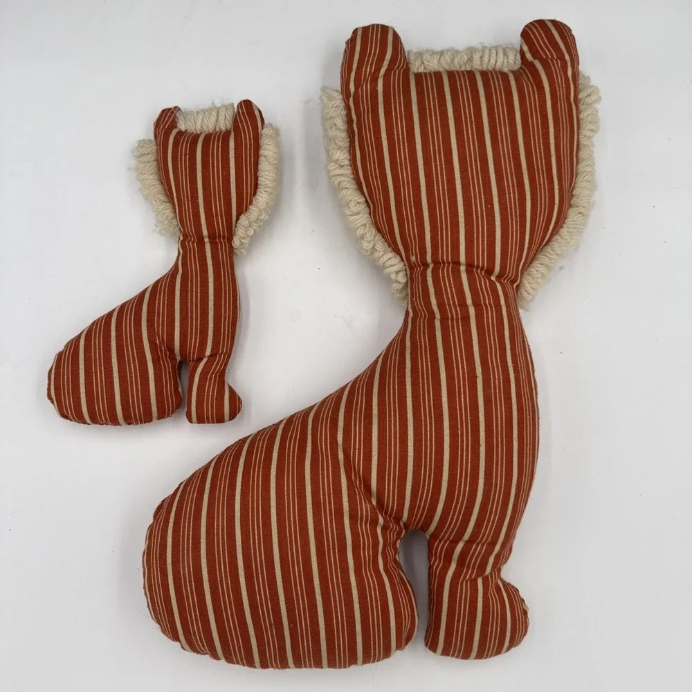 Vtg Handmade Primitive Stuffed Cat Dolls Orange Ticking Stripe Folk Art Pillows
